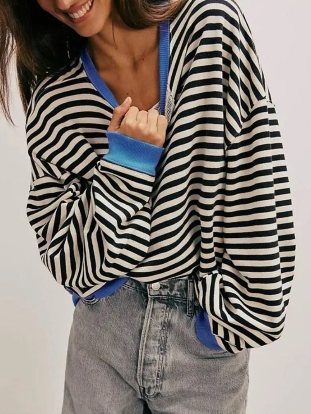FREE PEOPLE ASHER BLACK WHITE STRIPE SWEATSHIRT BLUE TRIM LARGE
